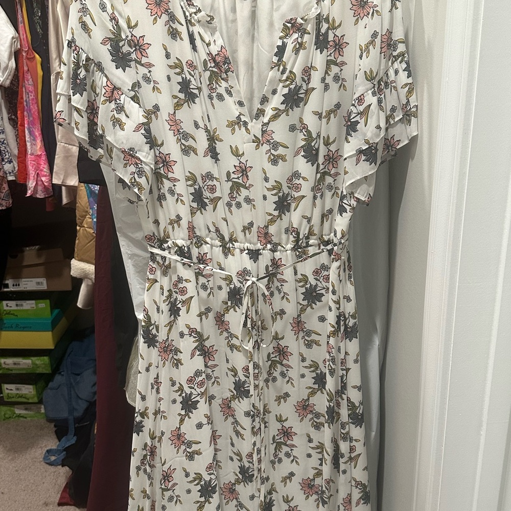 LOFT Floral Print Midi Dress with Ruffle Sleeves